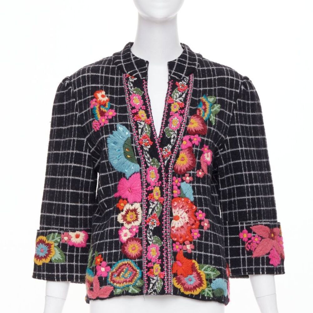 Kenzo grid check wool floral embroidered jacket